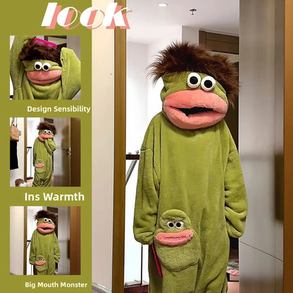 Thiened Fce Coral Velvet Footed Pajamas Women'S Autumn Winter Warm Abstract Ugly Cute Outwear Home Clothes Long Sve