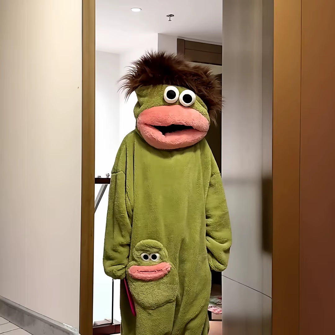 Thiened Fce Coral Velvet Footed Pajamas Women'S Autumn Winter Warm Abstract Ugly Cute Outwear Home Clothes Long Sve