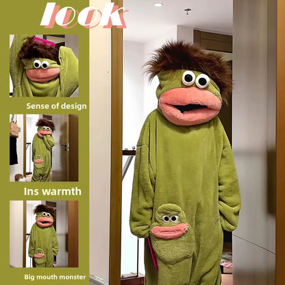 Thiened Fce Coral Velvet Footed Pajamas Women'S Autumn Winter Warm Abstract Ugly Cute Outwear Home Clothes Long Sve