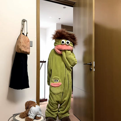 Thiened Fce Coral Velvet Footed Pajamas Women'S Autumn Winter Warm Abstract Ugly Cute Outwear Home Clothes Long Sve